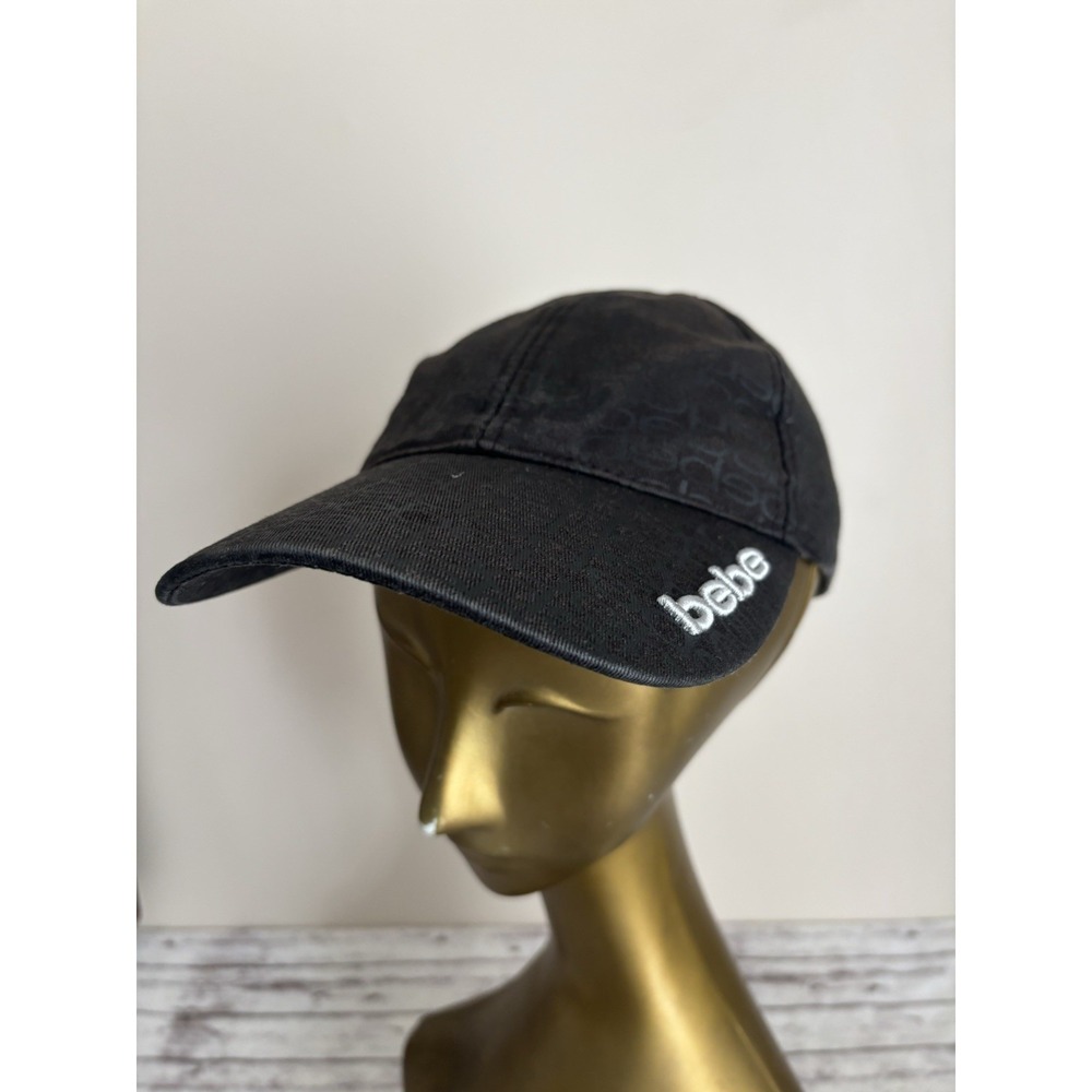 Bebe Brand Hat Cap Strap Back Y2k Allover Spell Out Logo Black Adjustable